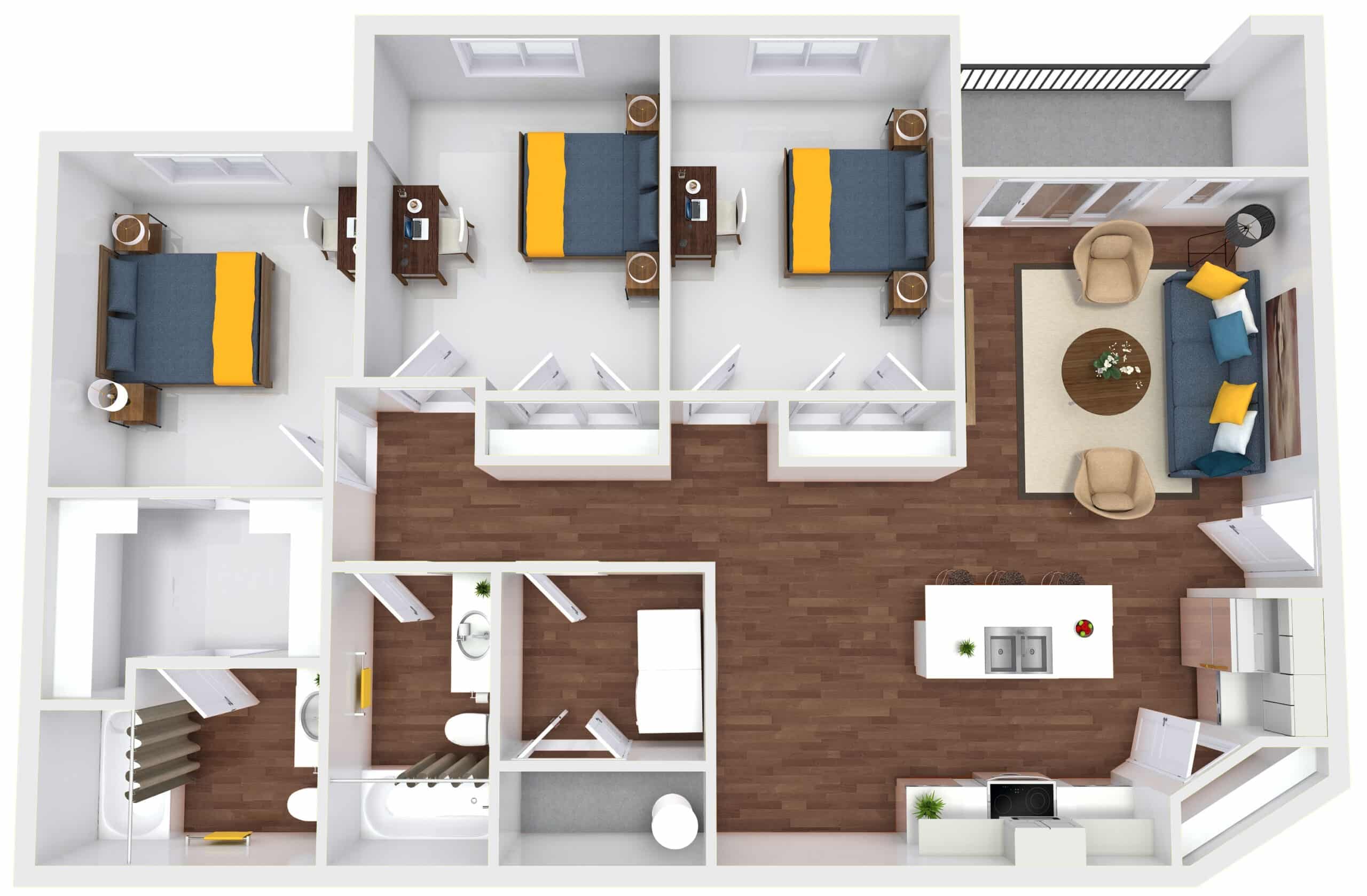3 bed 2 bath apartment floor plan